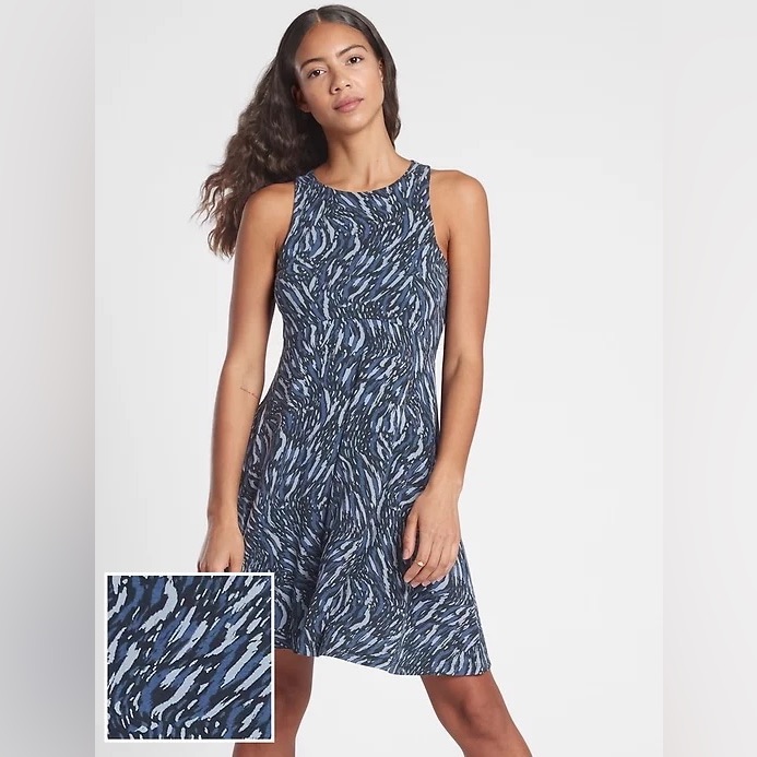 Athleta Santorini Thera Printed Dress Navy Blue Abstract 3x